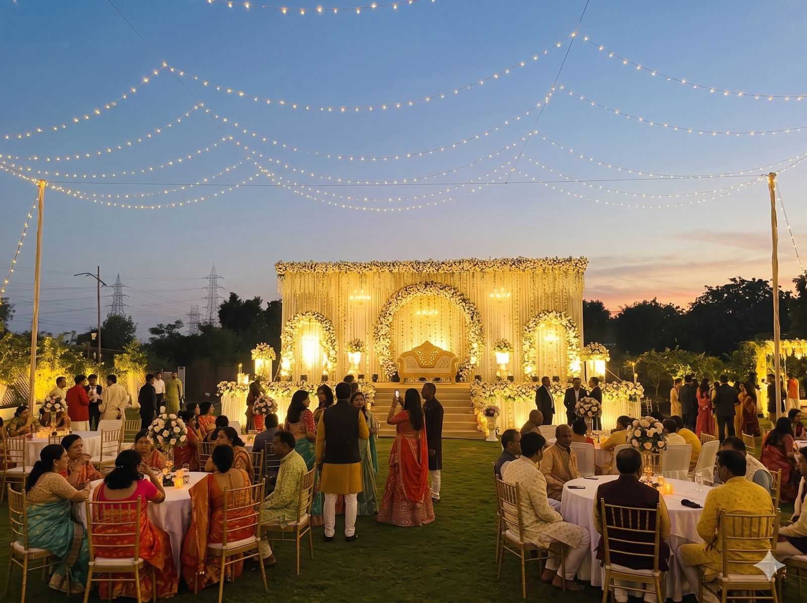 Wedding dinner tables in front of the floral stage
