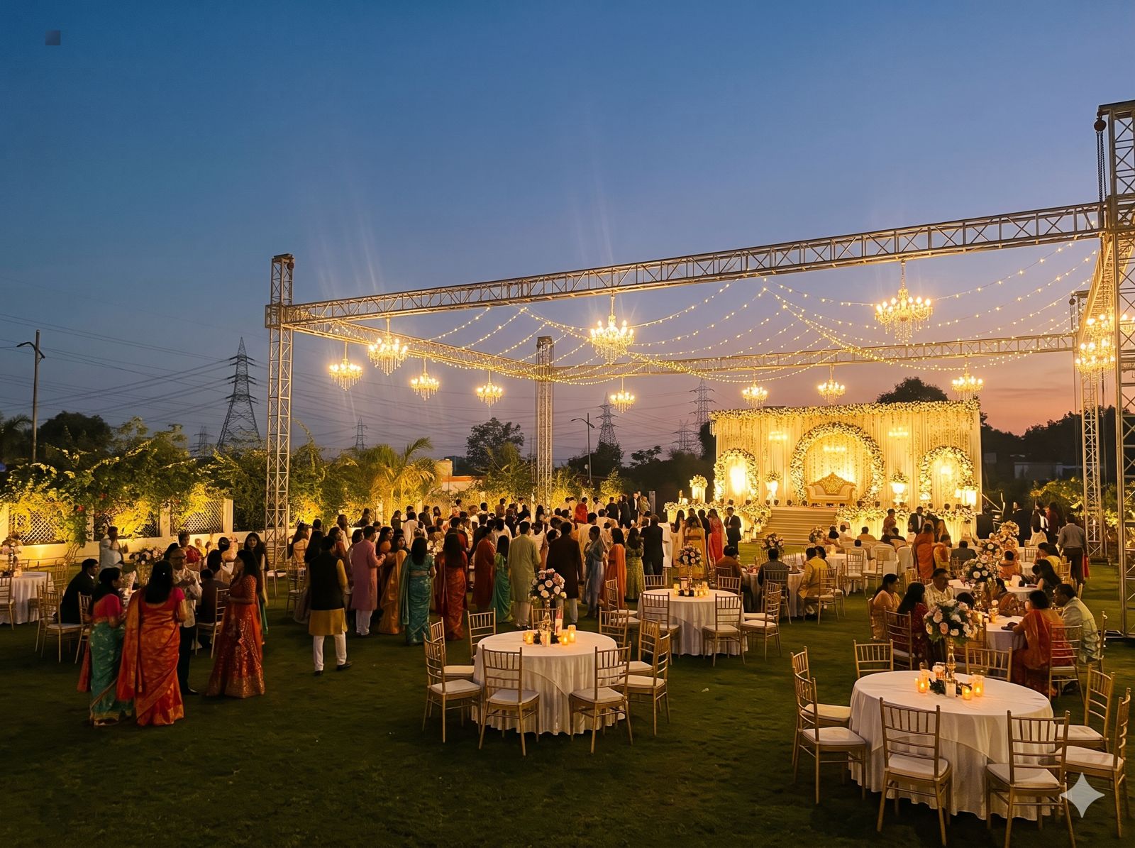 Reception at dusk with chandeliers on truss and guests at round tables