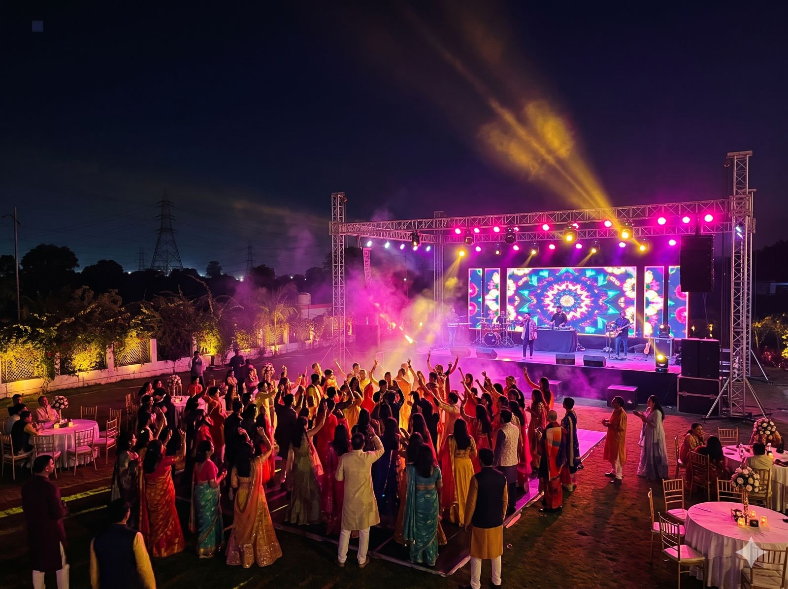 Sangeet night with LED stage, coloured lights and guests dancing