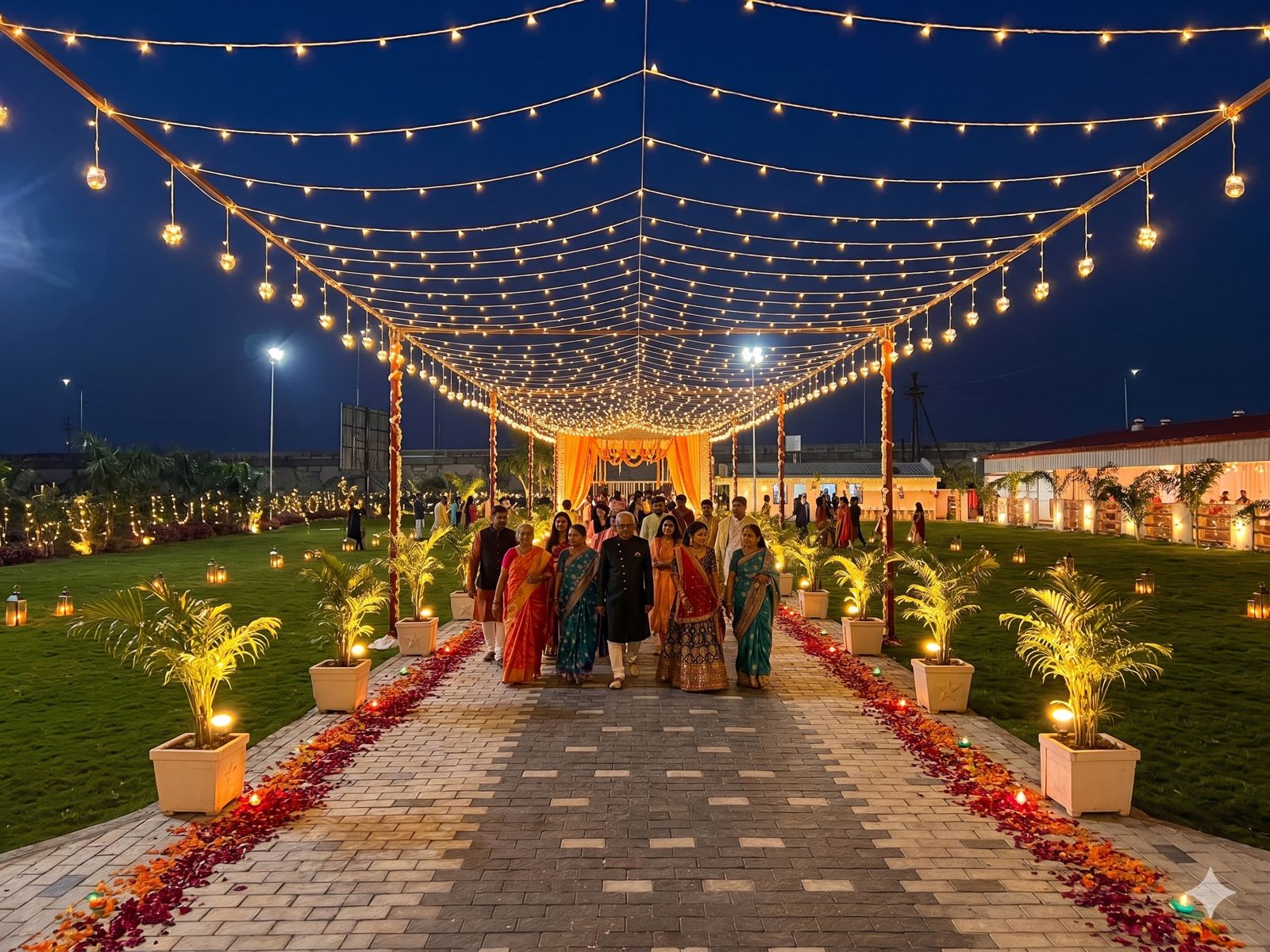 Pathway under a canopy of string lights with petals along the edges